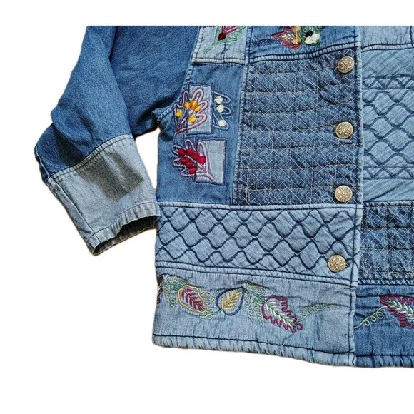 Keren Hart Womens 90s Patchwork Denim Jacket Size XL Embroidered Boho Cottage - Picture 2 of 11